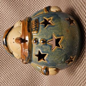 Blue and Brown Snowman Stoneware Handpainted Lantern Tealight Holder Stars